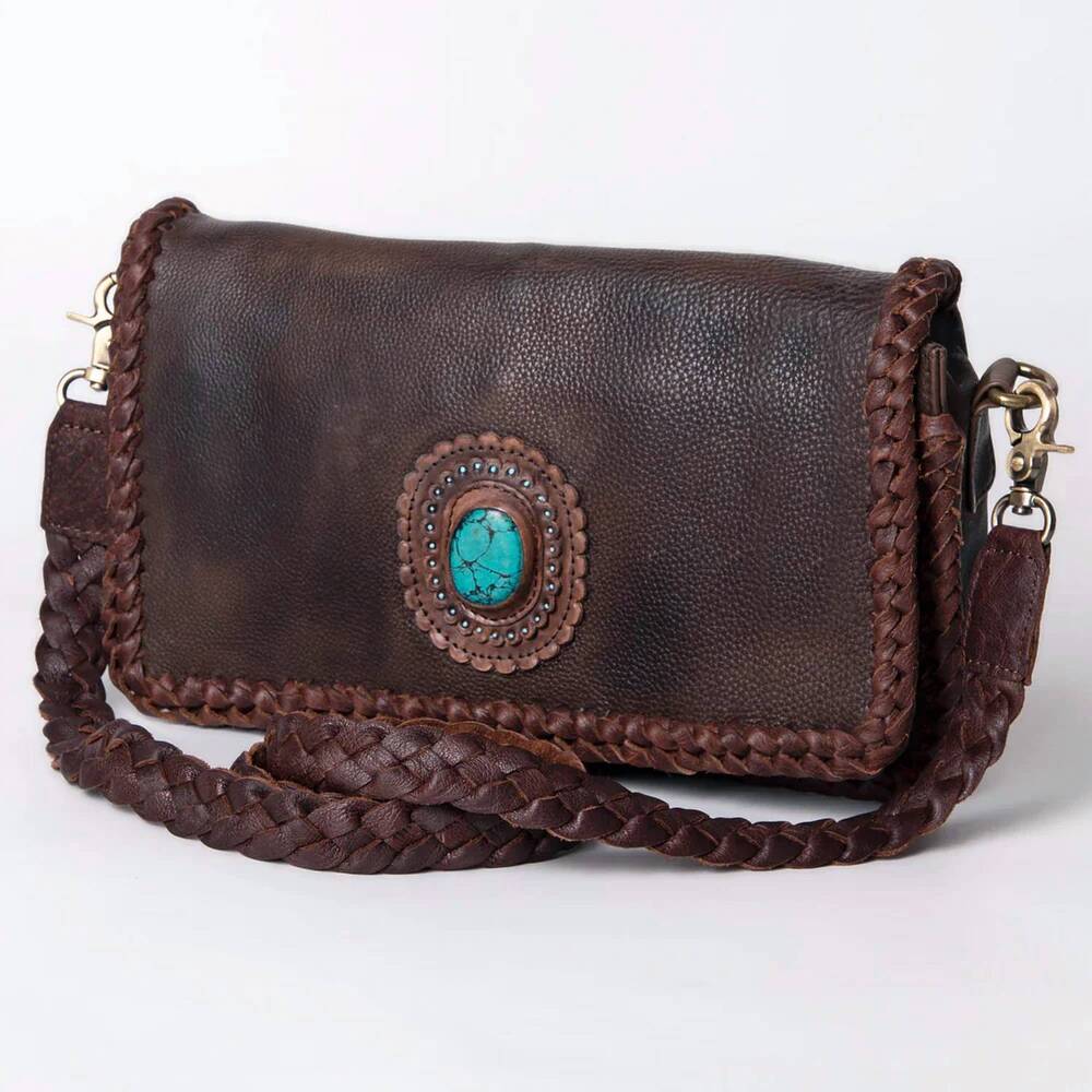 NEW AMERICAN DARLING women's smooth leather braid purse in brown